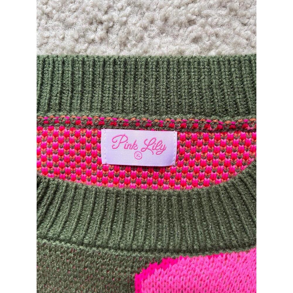 Pink Lily Olive Green Sweater with Pink, Orange & Red Floral Design - Picture 3 of 3